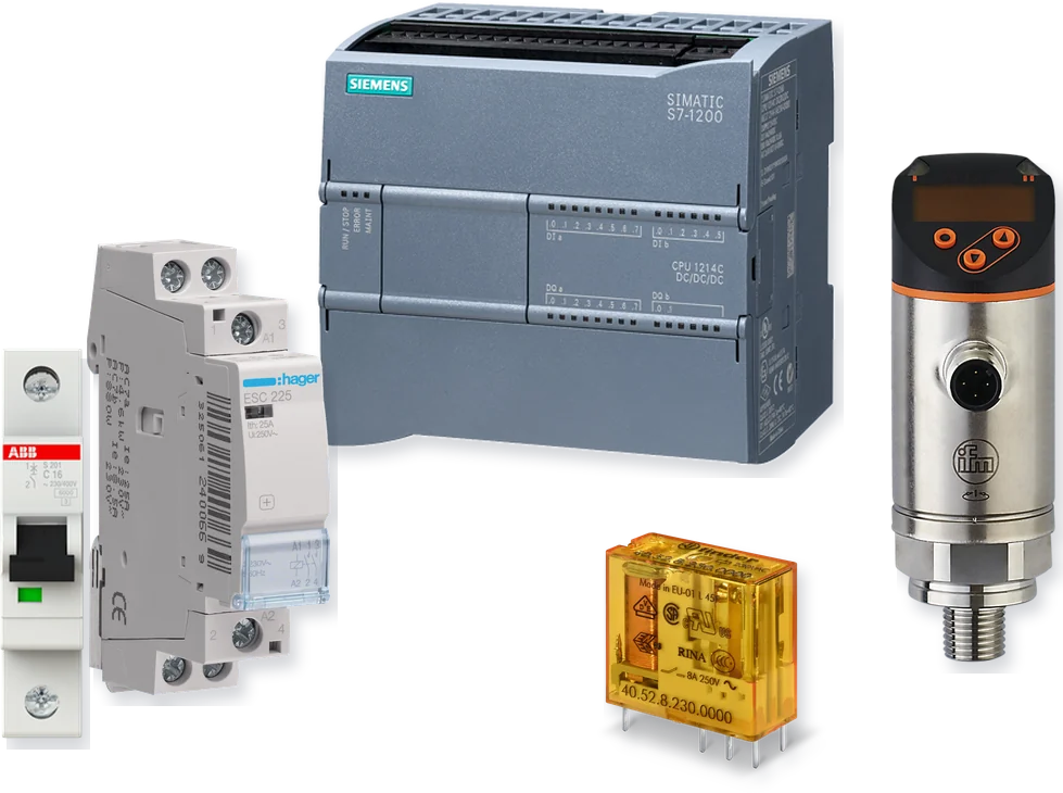 Automate Siemens S7-1200, capteur de pression ifm, contacteur Hager, disjoncteur ABB et relais Finder